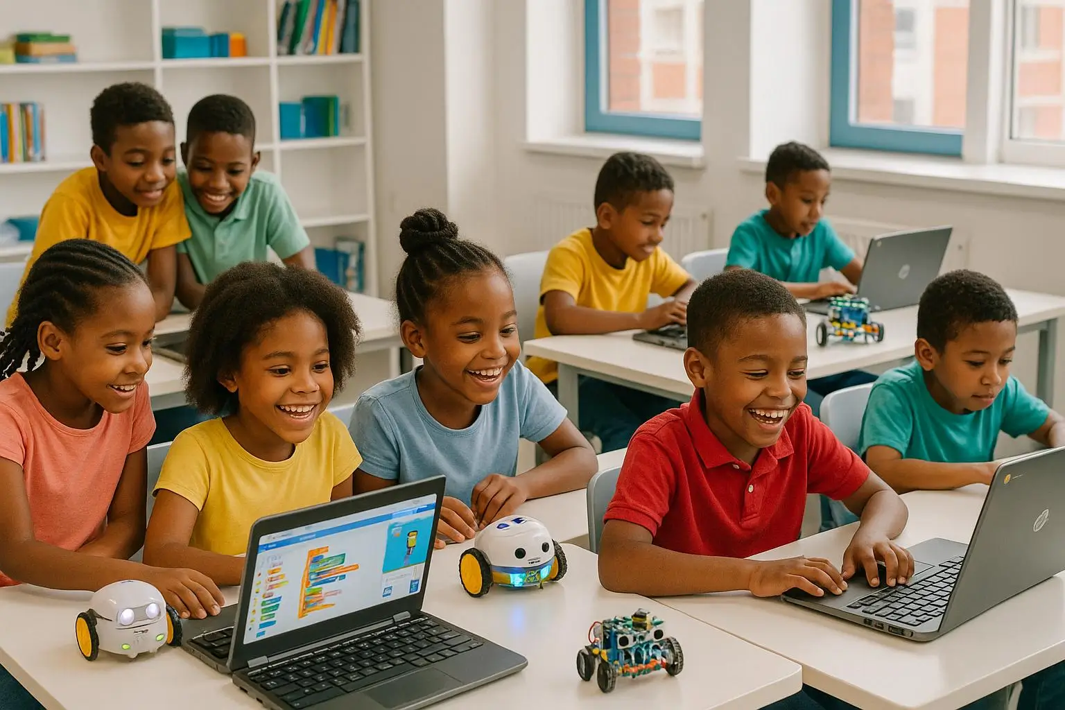 Children collaborating on laptops and robotics kits in a classroom